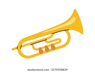 Yellow trumpet with simple design and clean lines, depicted in a flat style on a white background. Concept of music, brass instruments, and art. Vector illustration