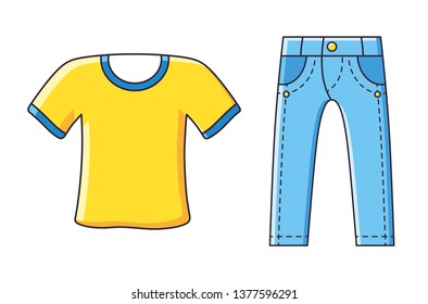 Yellow t-shirt and blue jeans pants isolated