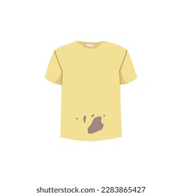 Yellow t-shirt with muddy stain, flat vector illustration isolated on white background. Shirt before laundry. Dirty unwashed tshirt. Laundry day and laundromat service concepts.