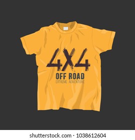 Yellow T-Shirt with off road lettering. Grunge tire track 4x4 logotype. Vector illustration useful for sweatshirt, tee-shirt print or other apparel design. Editable graphic element.