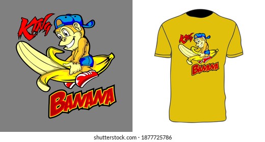Gelbe T-Shirt-Vektorgrafik mit Illustration eines Affen und einer Banane