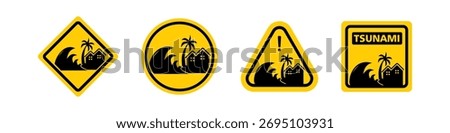 Yellow Tsunami Sign Set with waves and house