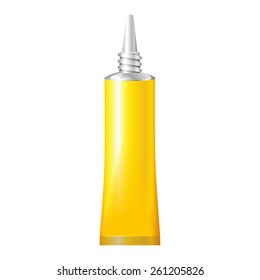 Yellow Tube Of Super Glue. Products On White Background Isolated. Ready For Your Design. Product Packing. Vector EPS10 