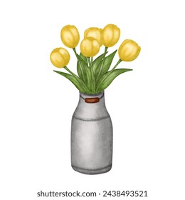 Yellow tulip bouquet, spring flowers in watering can, watercolor illustration