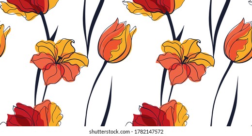 Yellow tulip field seamless pattern in the scandinavian style