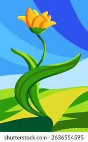 A yellow tulip flower with dynamically rotating leaves dancing in the meadow bathing in the sunlight under the blue sky; a low-angle perspective vector illustration in bold flat cartoon style.