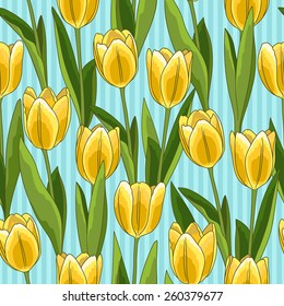 Yellow tulip flower spring seamless pattern or background, blue background