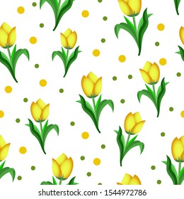 Yellow tulip flower vector pattern design with additional dots around it, can be used for fabrics, textiles, wrapping paper, tablecloths, curtains, clothing etc.