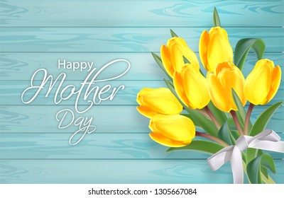 Yellow tulip flowers bouquet Vector realistic banner. Spring season template. Blue wooden background. 3d illustrations