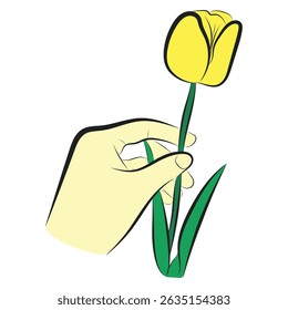 Yellow Tulip in Hand. Minimal Vector Illustration of Holding a Flower