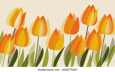 Yellow Tulip Spring Floral Design Element. Bright Flower Vector Illustration In Vintage Colors.