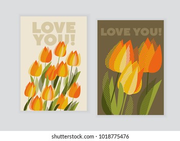 Yellow tulip spring floral design element. Bright flower vector illustration in vintage colors.