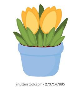 Yellow Tulips in Blue Pot, Spring Vector Illustration. Spring floral element for design. Vector illustration of bright yellow tulips growing in a decorative blue pot. Fresh spring floral element perfect for banners, greeting cards, invitations and seasonal promotional designs.