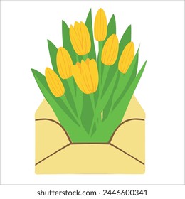 yellow tulips bouquet in envelope vector flat illustration. Blooming plant gift symbol isolated. Flower decoration or holyday symbol for greeting card, mothers, gift label, spring, 8 march