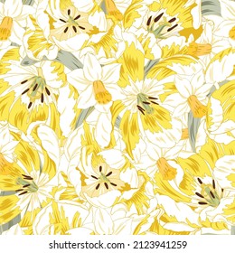 Yellow Tulips And Daffodils, Pattern Of Spring Flowers, Seamless Vector Background