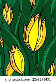 Yellow tulips and green leaves for a background to a spring greeting card for March 8 or Women's Day