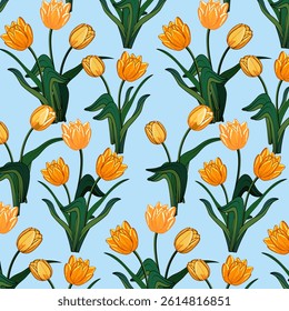 Yellow tulips on a blue background. seamless pattern with bouquets of yellow tulips on a colored background.