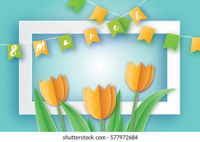 Yellow Tulips paper cut flower. 8 March Women's Day Greeting card. Origami Floral bouquet. Rectangle Frame, flags and space for text. Happy Women's Day on blue background. Vector spring illustration