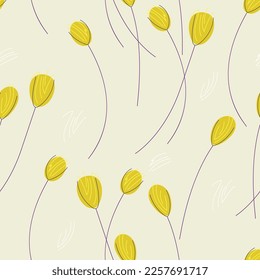 Yellow tulips pattern. Seamless floral print, spring blooming flowers, small buds for textile design, covers, postcards, wallpapers or bed sheets. Simple hand drawn drawing. Vector illustration.