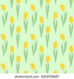 Yellow tulips pattern, simple floral light green background, summer mood.