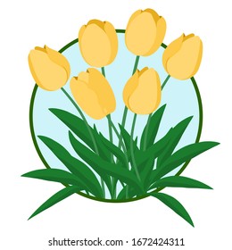 Yellow tulips in the picture frame, tulips and the leaves emerge from the picture frame, vector illustor, for interior decoration, the picture frame is green, the tulip is a minimal style.