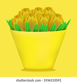 yellow tulips in a yellow pot on a yellow background