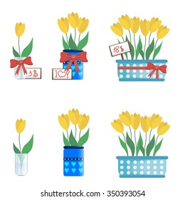 Yellow tulips in pots for sale. Vector flowers.