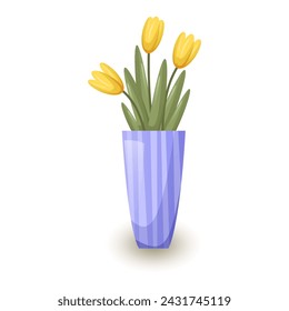 Yellow tulips in a purple vase. Deciduous house plants. Vector illustration with shadow and gradient. Icon, single design.