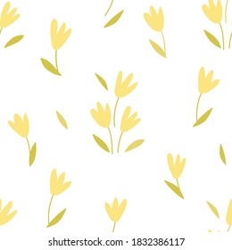 Yellow tulips seamless pattern on white background. Doodle. Simple vector illustration in flat style. Use for textile, postcards,wallpaper, wrapping paper