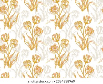 Yellow tulips spring flowers, seamless vector background,Seamless vector background with tulips. Hand drawn illustration.