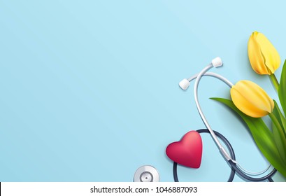 Yellow tulips and stethoscope on blue background. Top view. Happy nurse day concept. Vector illustration