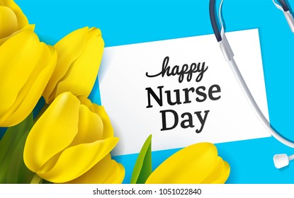 Yellow tulips and stethoscope on blue background. Top view. Happy nurse day concept. Vector illustration