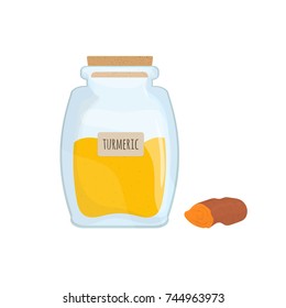 Yellow turmeric powder preserved in transparent kitchen jar isolated on white background. Tasty condiment, oriental food spice, spicy cooking ingredient stored in clear pot. Vector illustration.