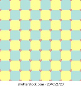 Yellow and turquoise colors seamless vector pattern with pink hearts 