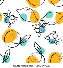 Yellow and Turquoise Lemon Vector White Seamless Pattern. Drawing Orange and Berry Wallpaper. Bright Fruit Adorable Print.