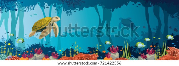 under the sea wall mural of Yellow turtle, colorful coral reef, fishes and cave. Ocean wildlife. Nature panoramic wall mural illustration. 