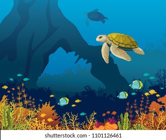 Yellow turtle and coral reef with fishes and underwater arch on a blue sea. Underwater marine life. Vector illustration.