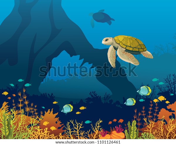青い海の上に魚と水中アーチを持つ イエロウガメとサンゴ礁 水中海洋生物 ベクターイラスト のベクター画像素材 ロイヤリティフリー