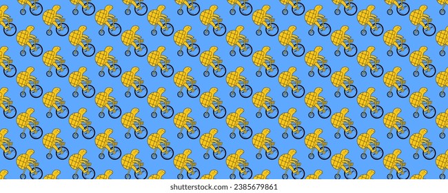 Yellow turtle pattern on blue background. Panoramic image.