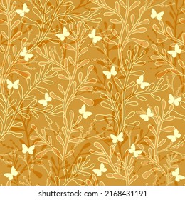 Yellow twigs with leaves and butterflies. Vector illustration