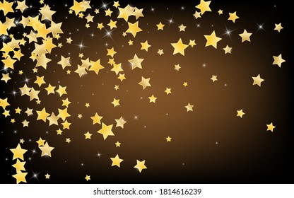 Yellow Twinkle Stars Vector Brown Background. Celebration Glitter Wallpaper. Star Border. Golden Light Confetti Illustration.