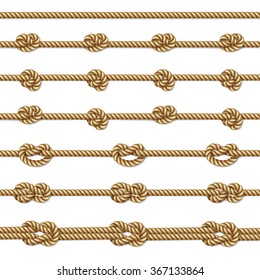 Yellow twisted rope border set, isolated on white, vector illustration 