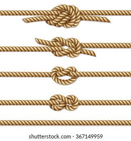 Yellow twisted rope border set, isolated on white, vector illustration 