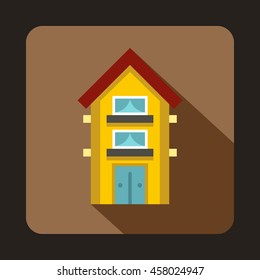 Yellow two storey house icon in flat style on a coffee background