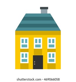 Yellow two storey house icon in flat style on a white background