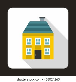 Yellow two story house icon in flat style on a white background