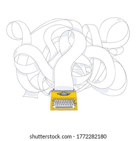 yellow typewriter and long paper  hand drawn with paper cute art illustration