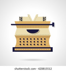 Yellow typewriting machine with blue elements. Copywriting tool. Office work. Retro objects. Flat style color vector icon