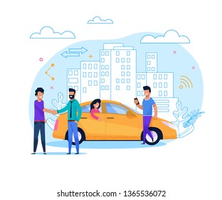 Yellow Uber Taxi Share. Businessman Order Vehicle on Street by Smartphone App. Modern Transport Rent and Carsharing for People. Man Character at Urban Cityscape. Flat Illustration.