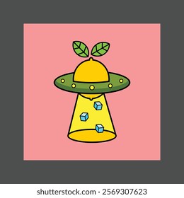 A yellow UFO with green leaves and blue dots, floating against a pink background